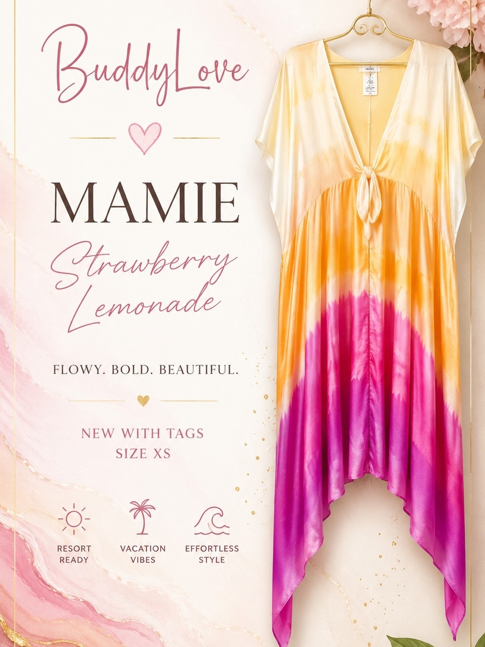 Buddy Love Mamie Strawberry Lemonade Ombre Maxi Kaftan Dress NWT XS